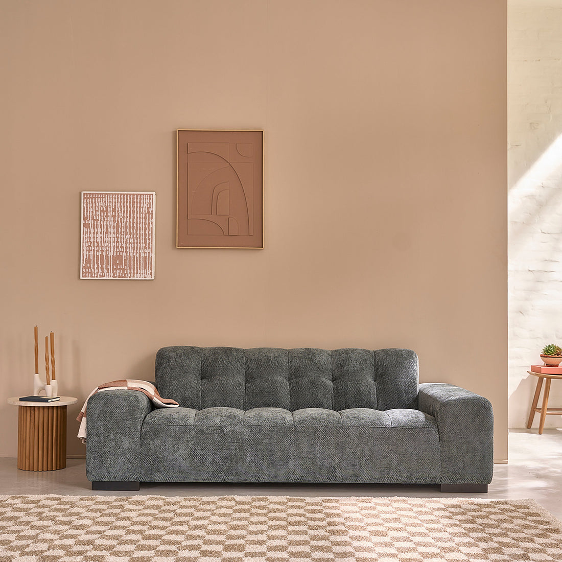 ALPHONSE - Gerades 3-Sitzer-Sofa aus grün-grauem gewebtem Samt