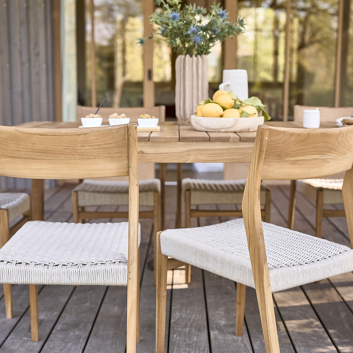 LIVIE - Set di mobili da giardino in teak massello e corda beige, 8 pers.