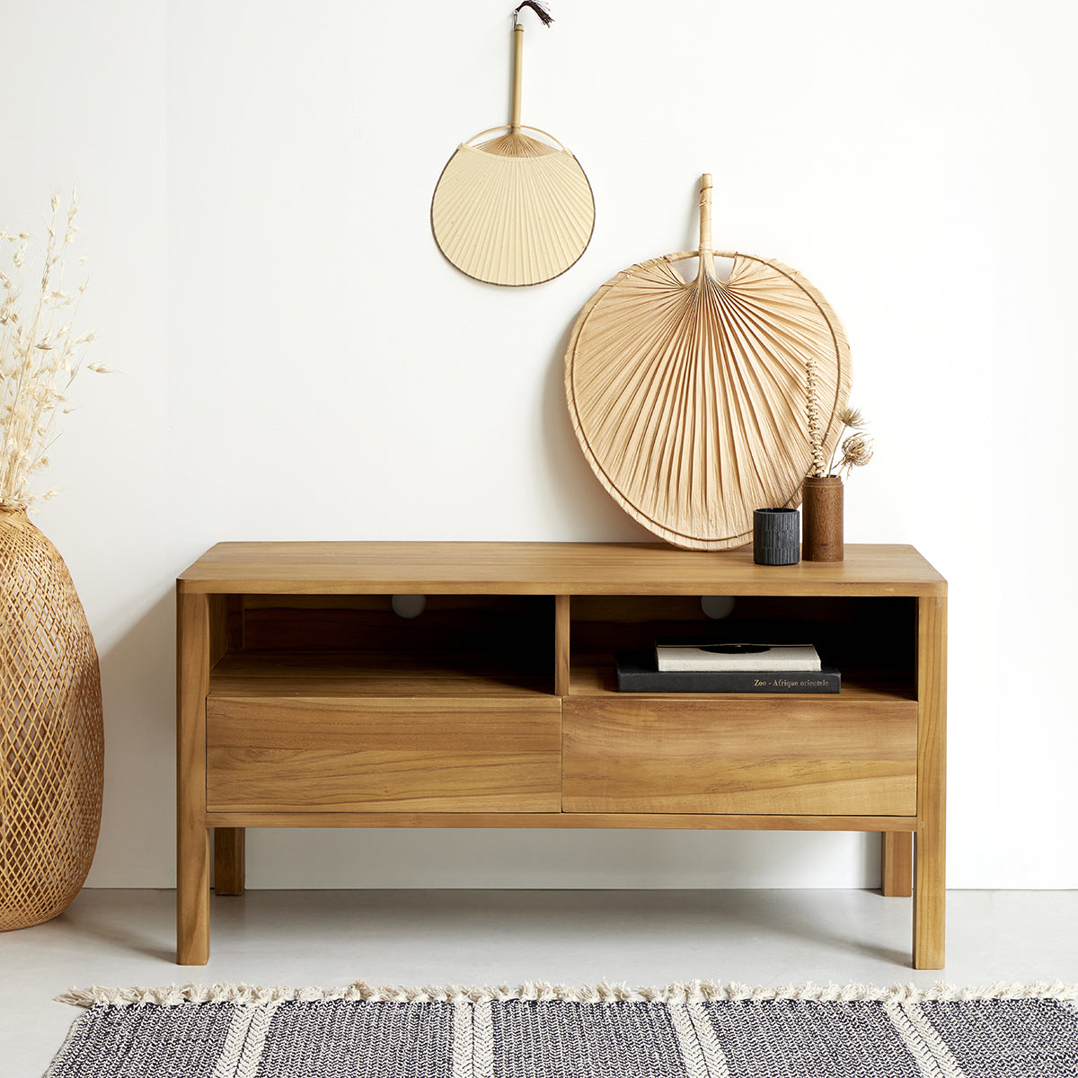 NIDO - Mobile porta TV a 2 cassetti in teak massello 100 cm