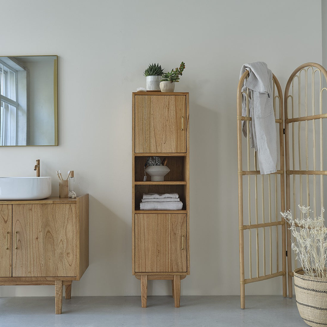 FIFTIES - Badezimmer-Hochschrank aus massivem Mindi 150 cm