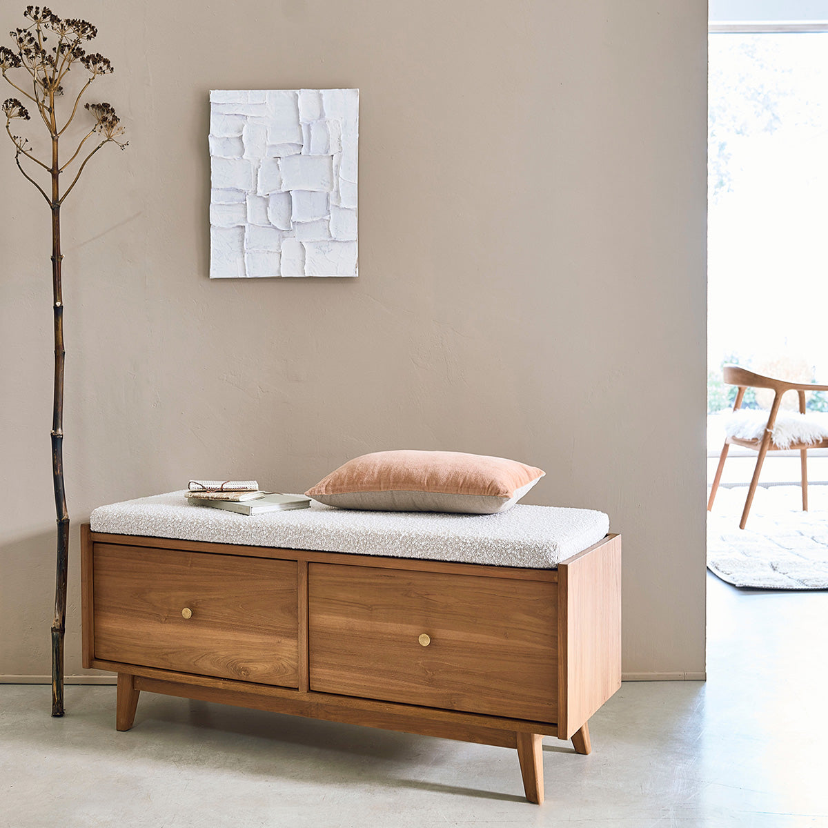 SERENE - Bank aus massivem Teakholz und Bouclé-Stoff 120 cm