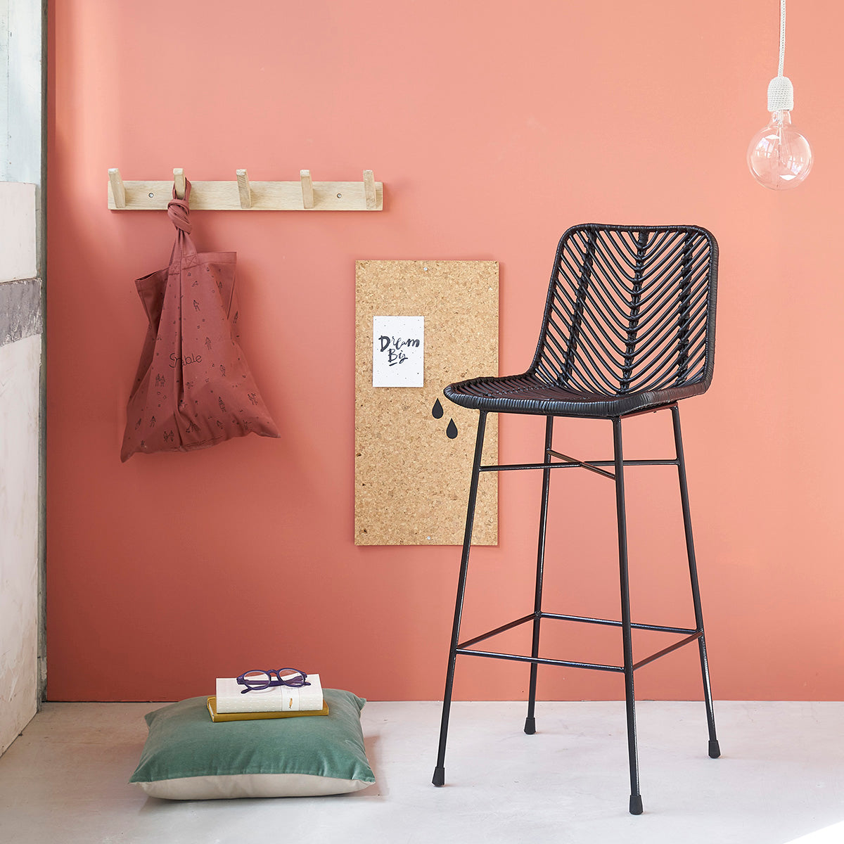 BOHEMA - Lot de 2 tabourets de bar en rotin et métal noirs