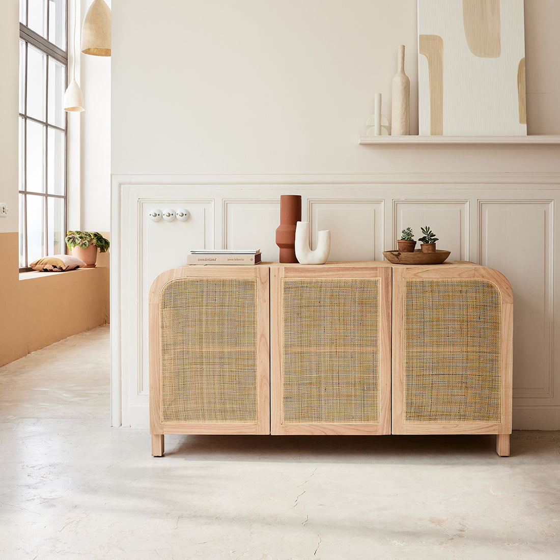 MAËL - Credenza in mindi massello e cannage 150 cm