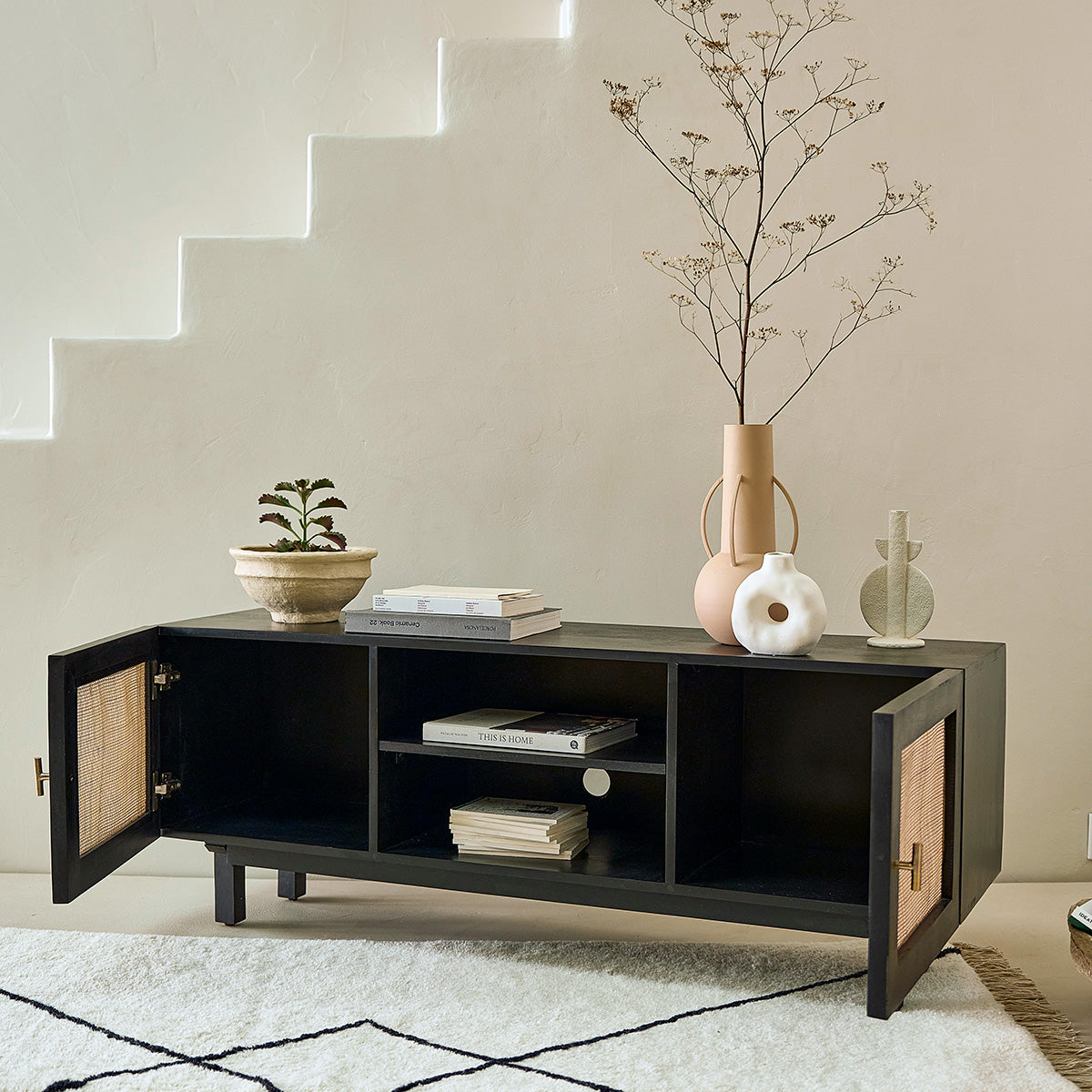 BLAISE - Mobile TV in mango massello nero e midollino 140 cm