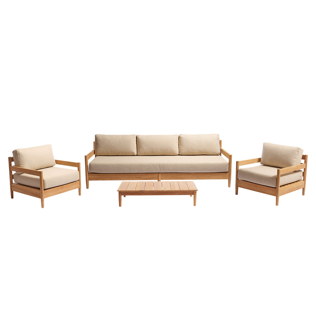CALVI - Salon de jardin bas en teck massif avec coussins beige chiné 5 pers.