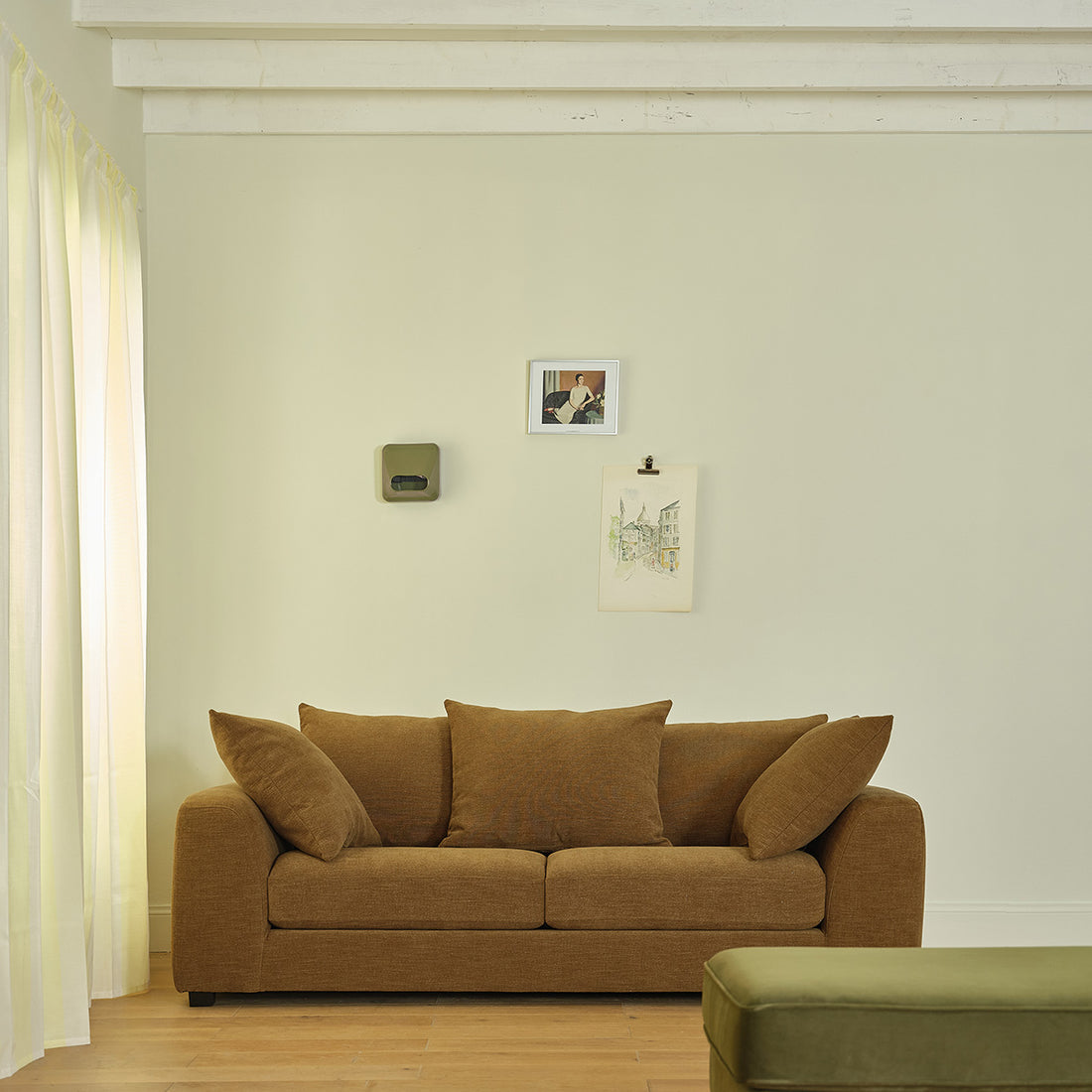 EDMOND - Canapé droit 3 places en tissu effet lin bronze