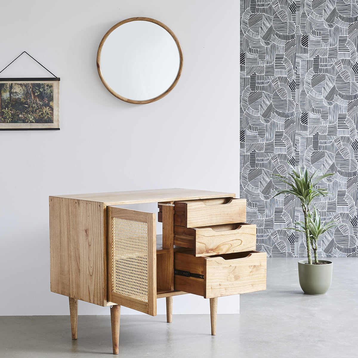 HANA - Waschtischunterschrank aus massivem Mindi und Rohrgeflecht 85 cm