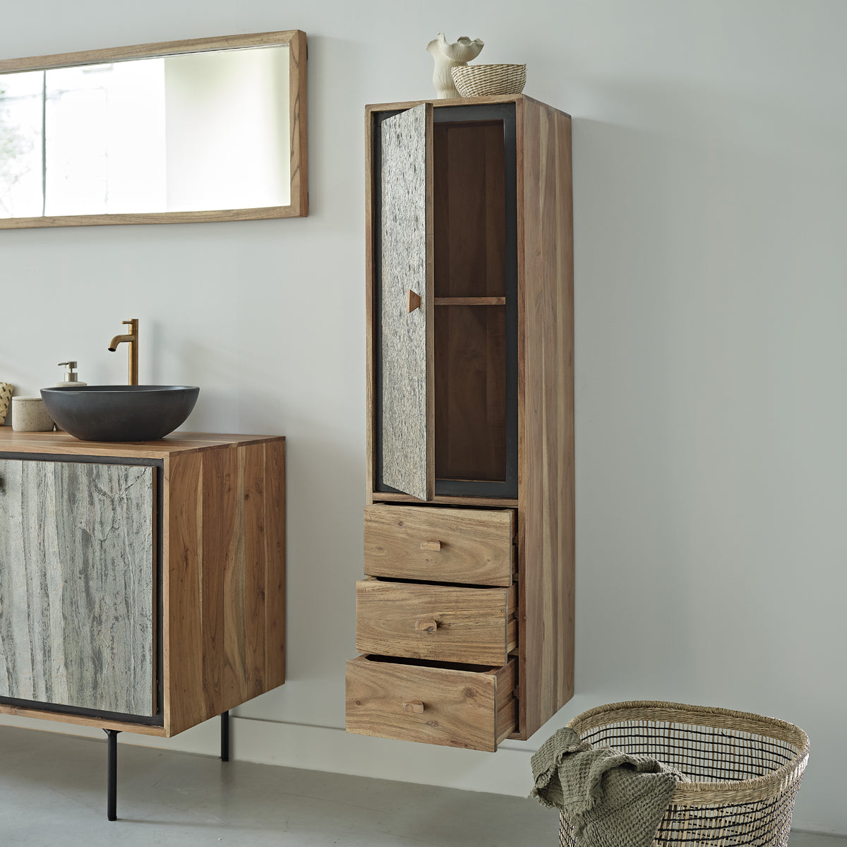 EDEN ROCK - Colonna bagno in acacia massello e pietra 130 cm