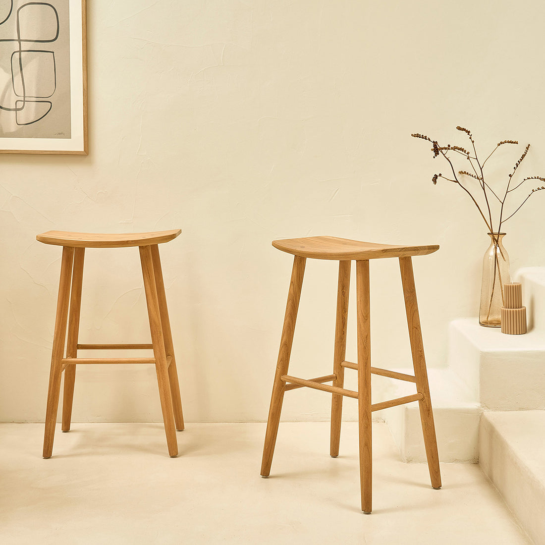 AMBRE - Lot de 2 tabourets de bar en teck massif 75 cm