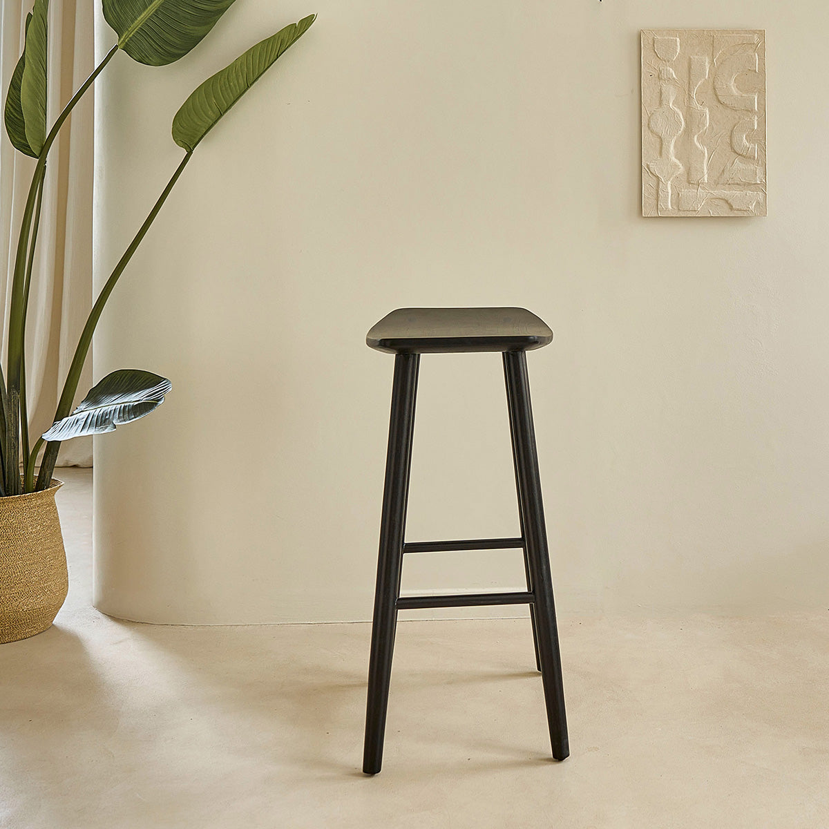 AMBRE - Tabouret de bar en teck massif noir 75 cm