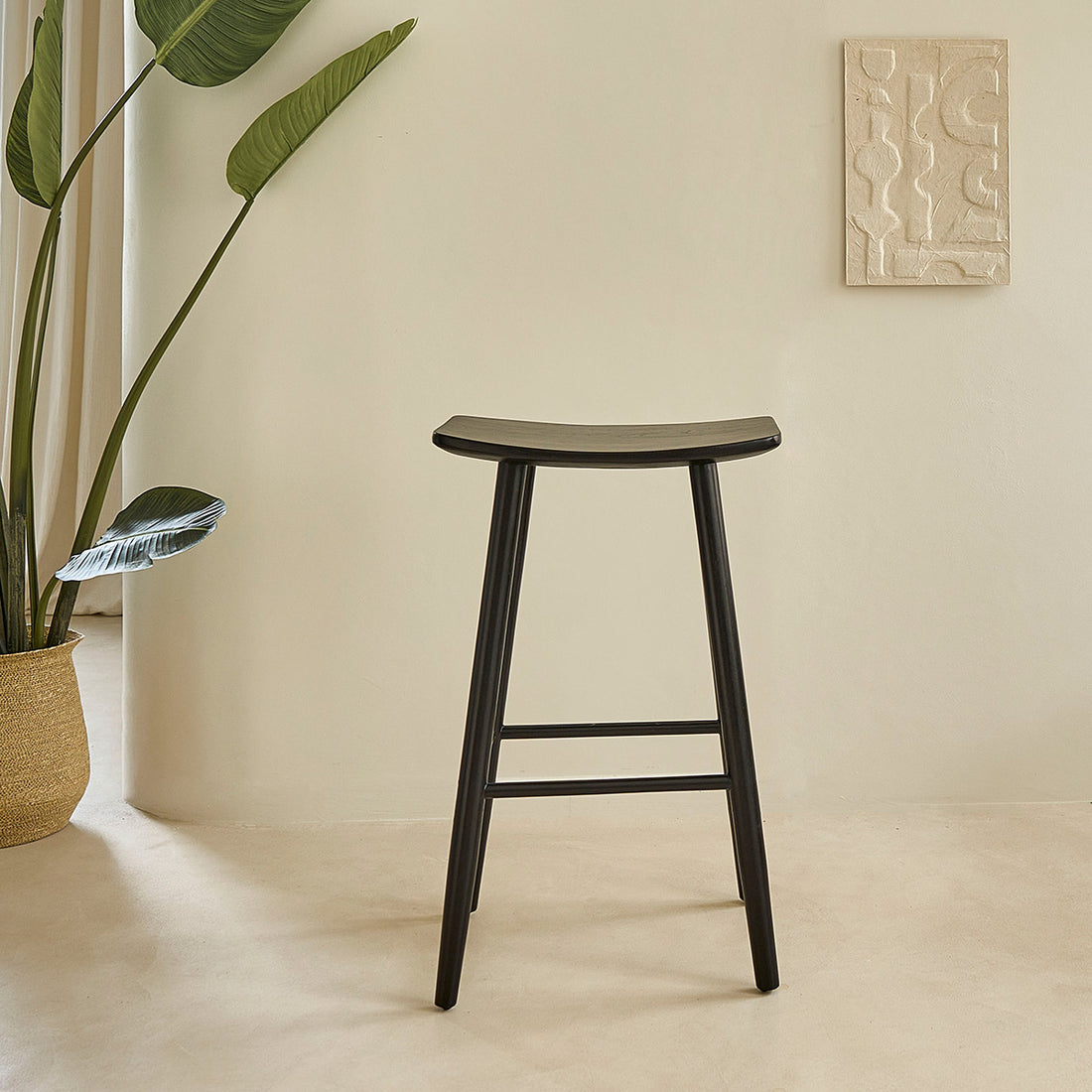 AMBRE - Tabouret de bar en teck massif noir 75 cm