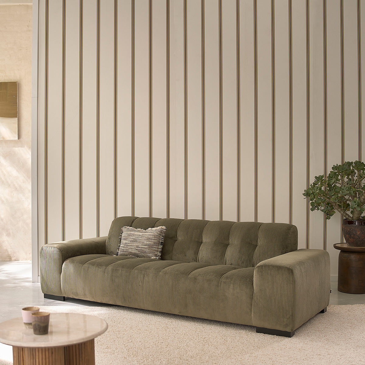 ALPHONSE - Canapé droit 4 places en velours côtelé kaki