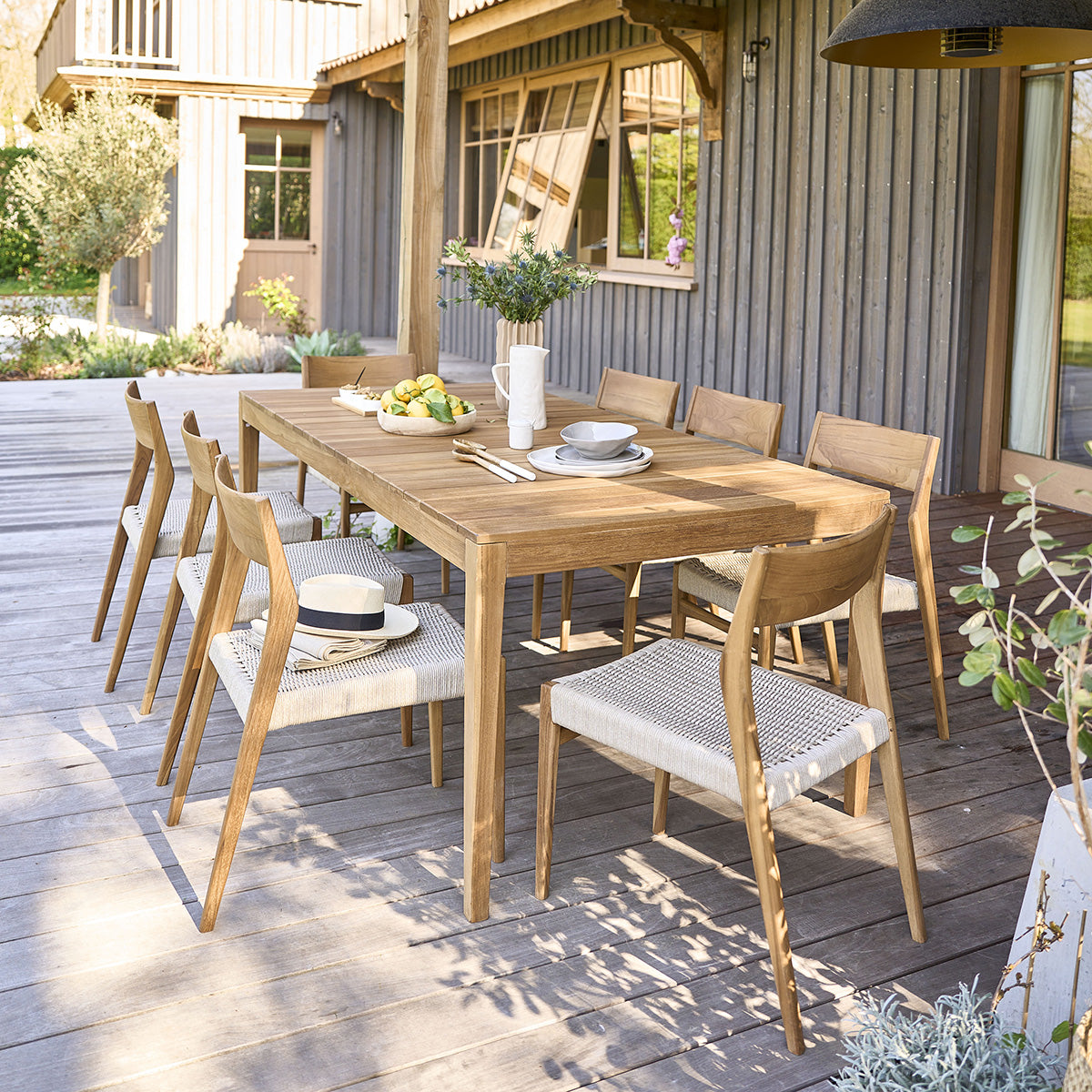 LIVIE - Set di mobili da giardino in teak massello e corda beige, 8 pers.