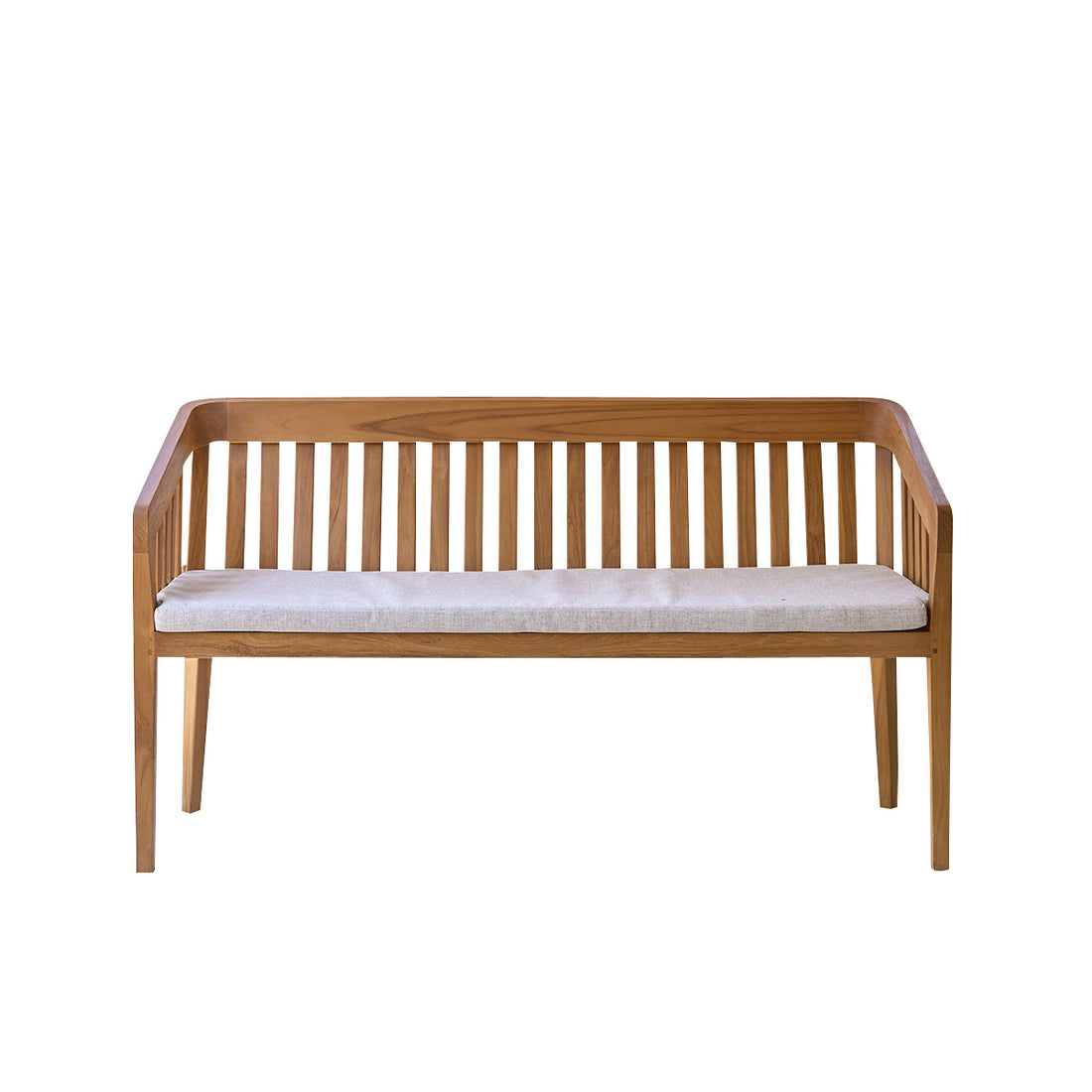BARI - Abgerundete Gartenbank aus massivem Teakholz, 150 cm, mit Kissen