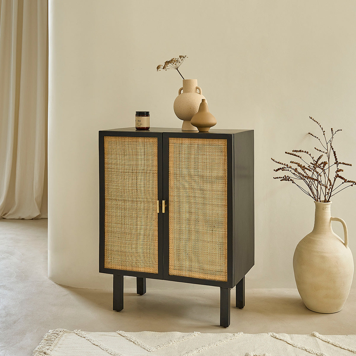 BLAISE - Credenza in mango massello nero e midollino 68 cm