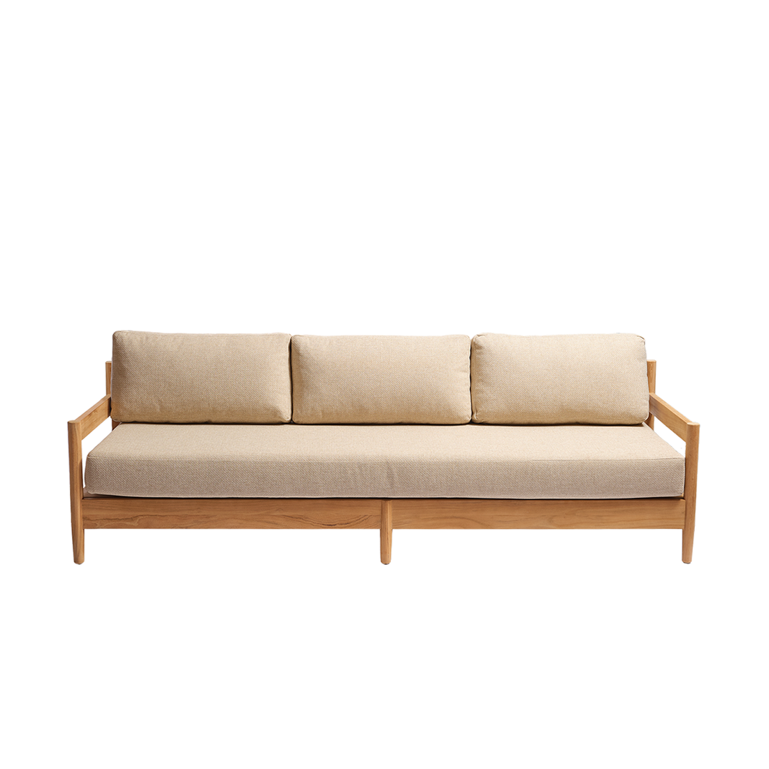 CALVI - Niedriges Gartensofa aus massivem Teakholz mit beige melierten Kissen, für 4 Personen
