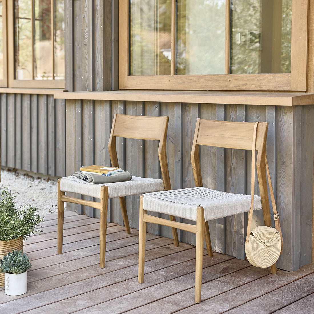 LIVIE - Sedia da giardino in teak massello e corda beige (set di 2)