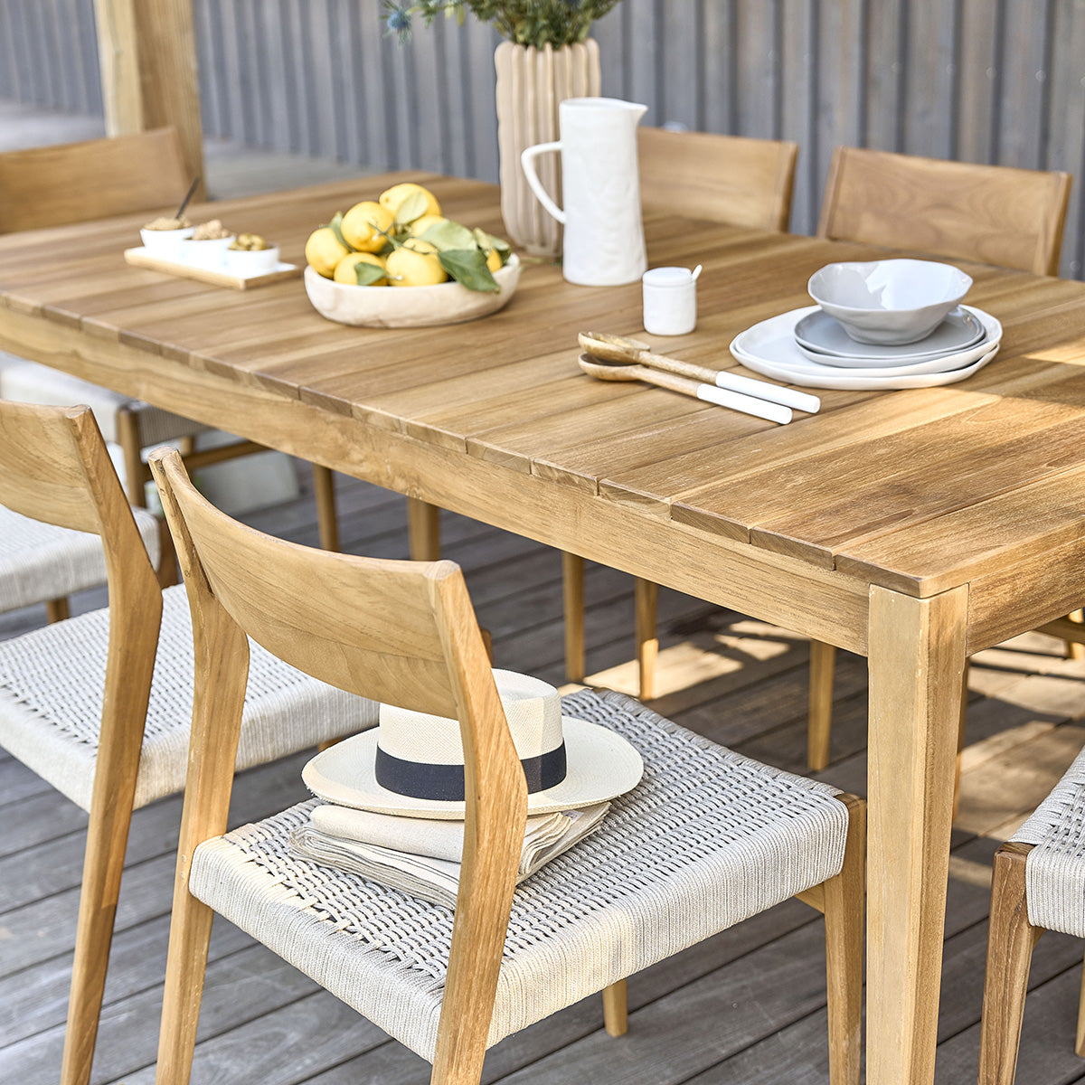 LIVIE - Set di mobili da giardino in teak massello e corda beige, 8 pers.