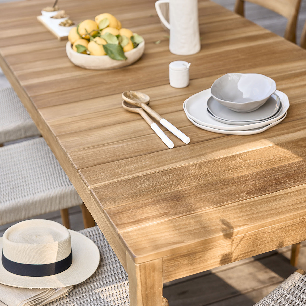 ESTHER - Set di mobili da giardino in legno di teak massello e corda nera 8 pers.