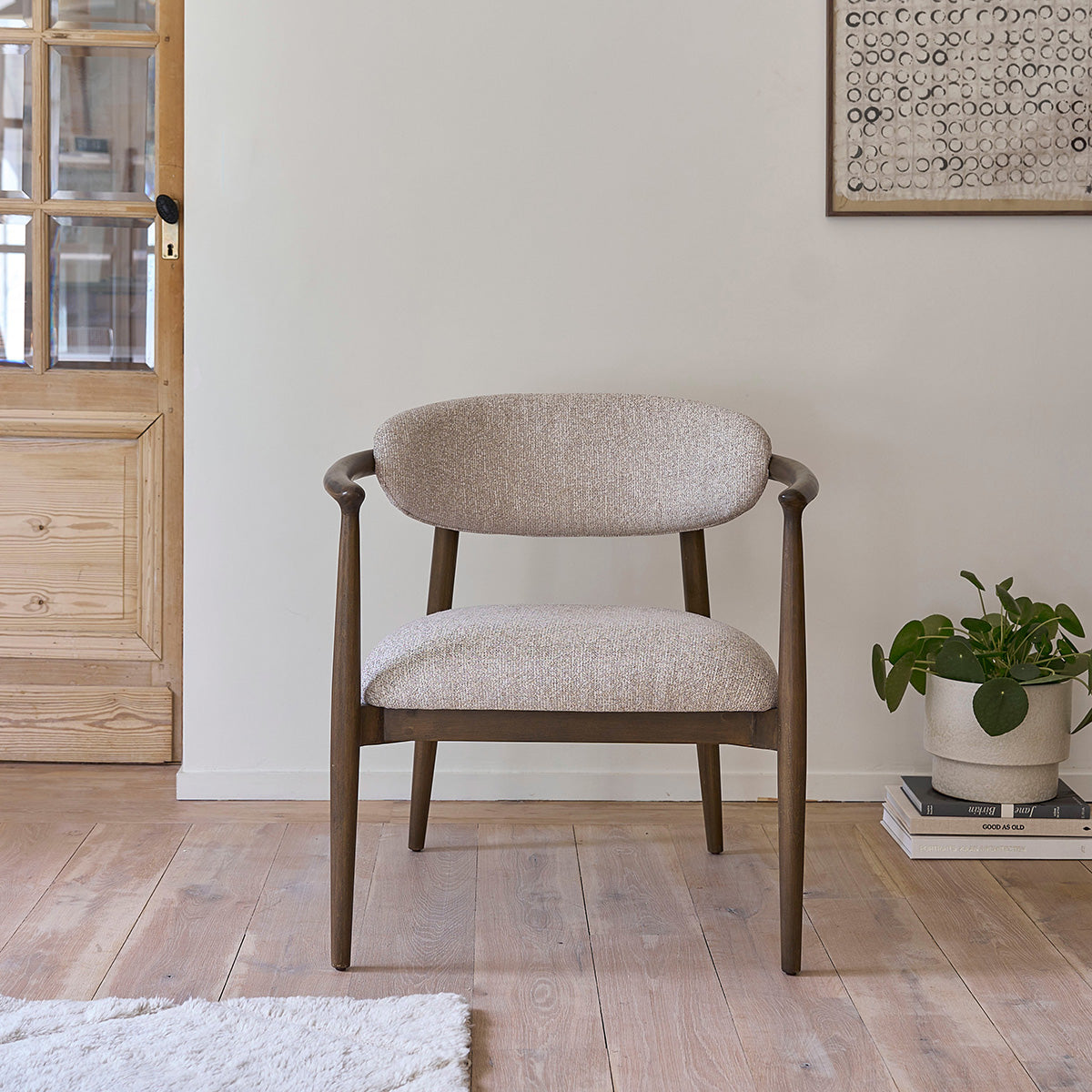 CÔME - Poltrona in legno massello con tessuto beige screziato