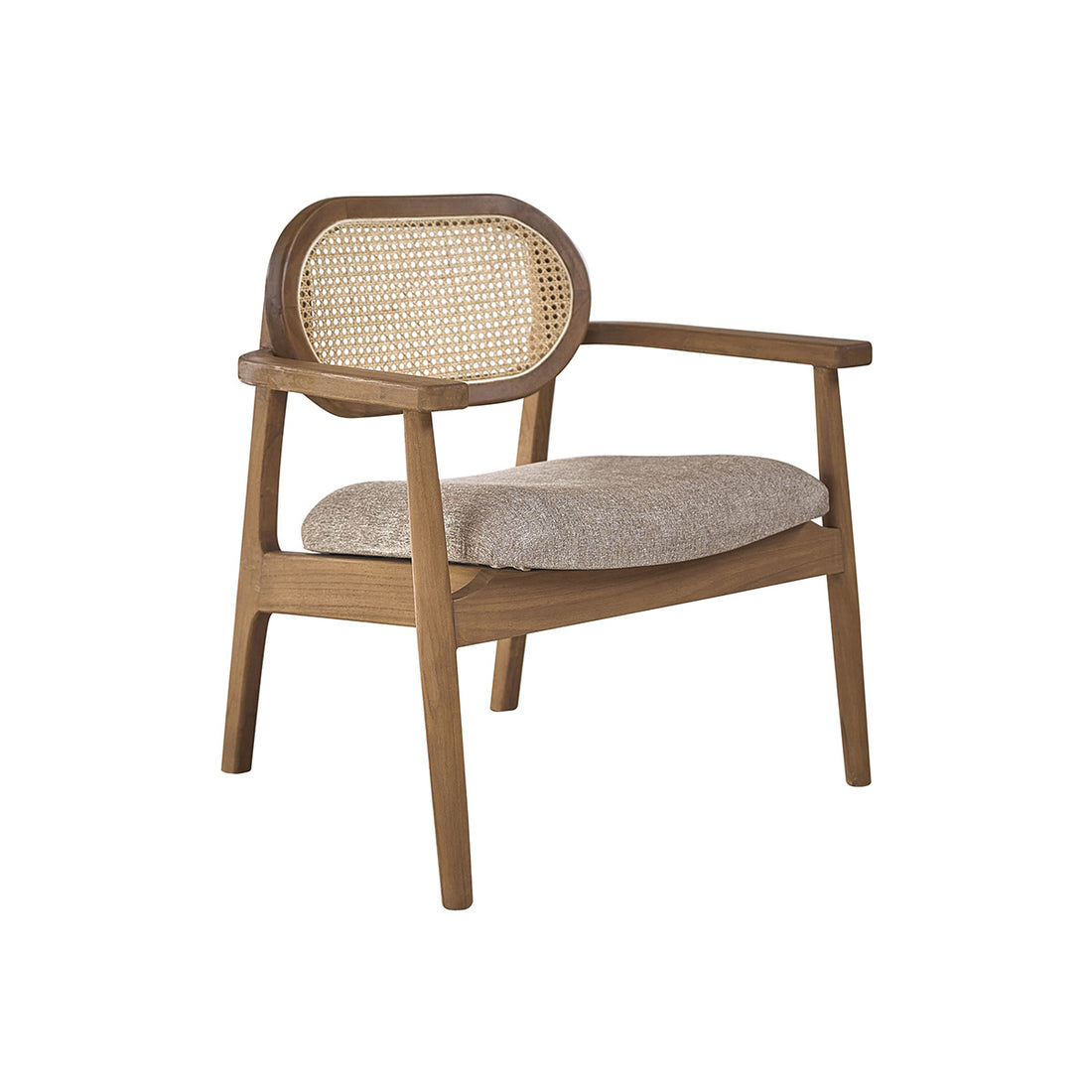 SABI - Poltrona in teak massello, cannage e tessuto grigio-beige