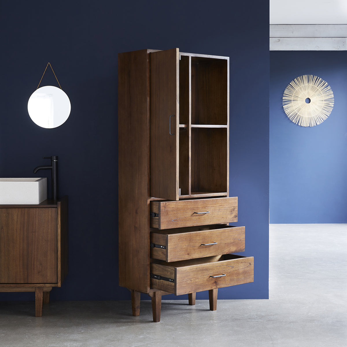 VINTAGE - Doppelter Badezimmer-Hochschrank aus massivem Mindi 170 cm