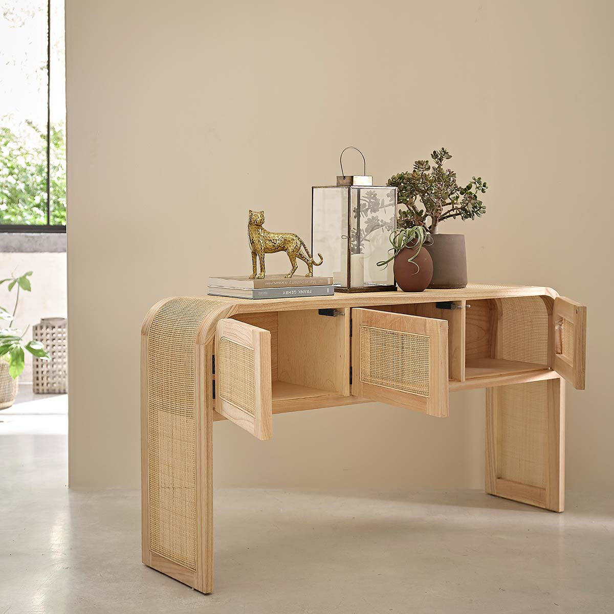 MAËL - Console en mindi massif et cannage 140 cm