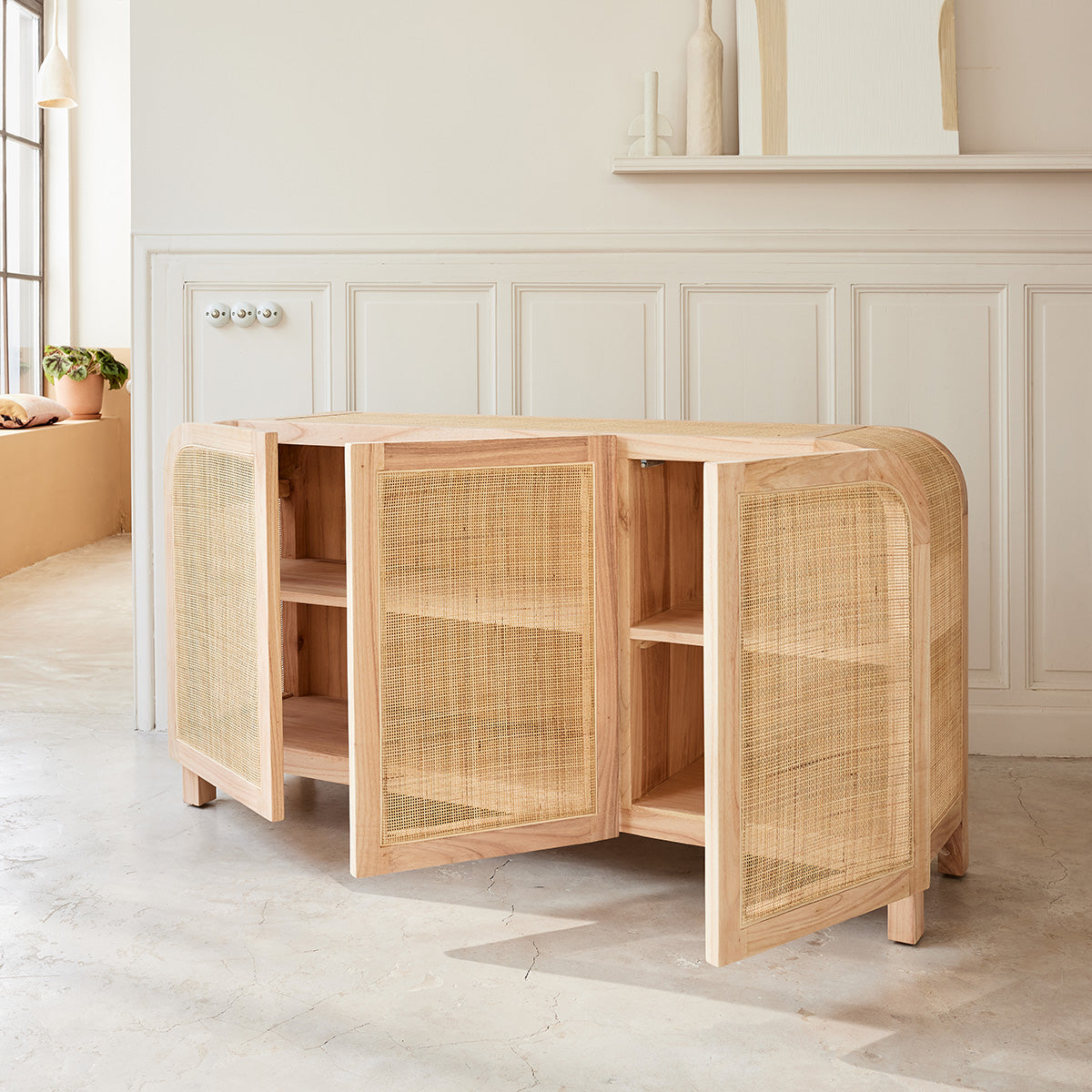 MAËL - Credenza in mindi massello e cannage 150 cm