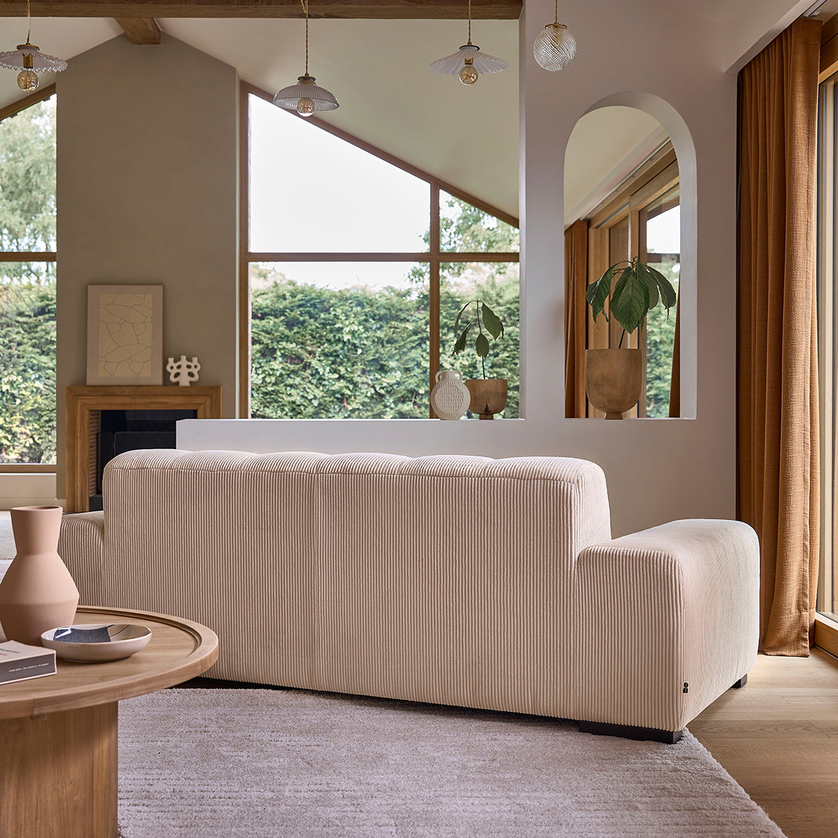 ALPHONSE - Canapé droit 3 places en velours côtelé écru