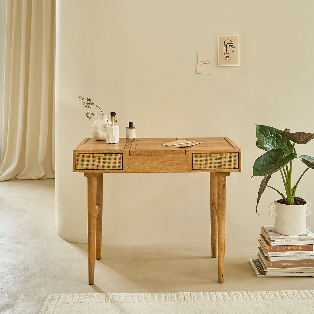 FELICIE - Bureau en manguier massif et cannage 90 cm