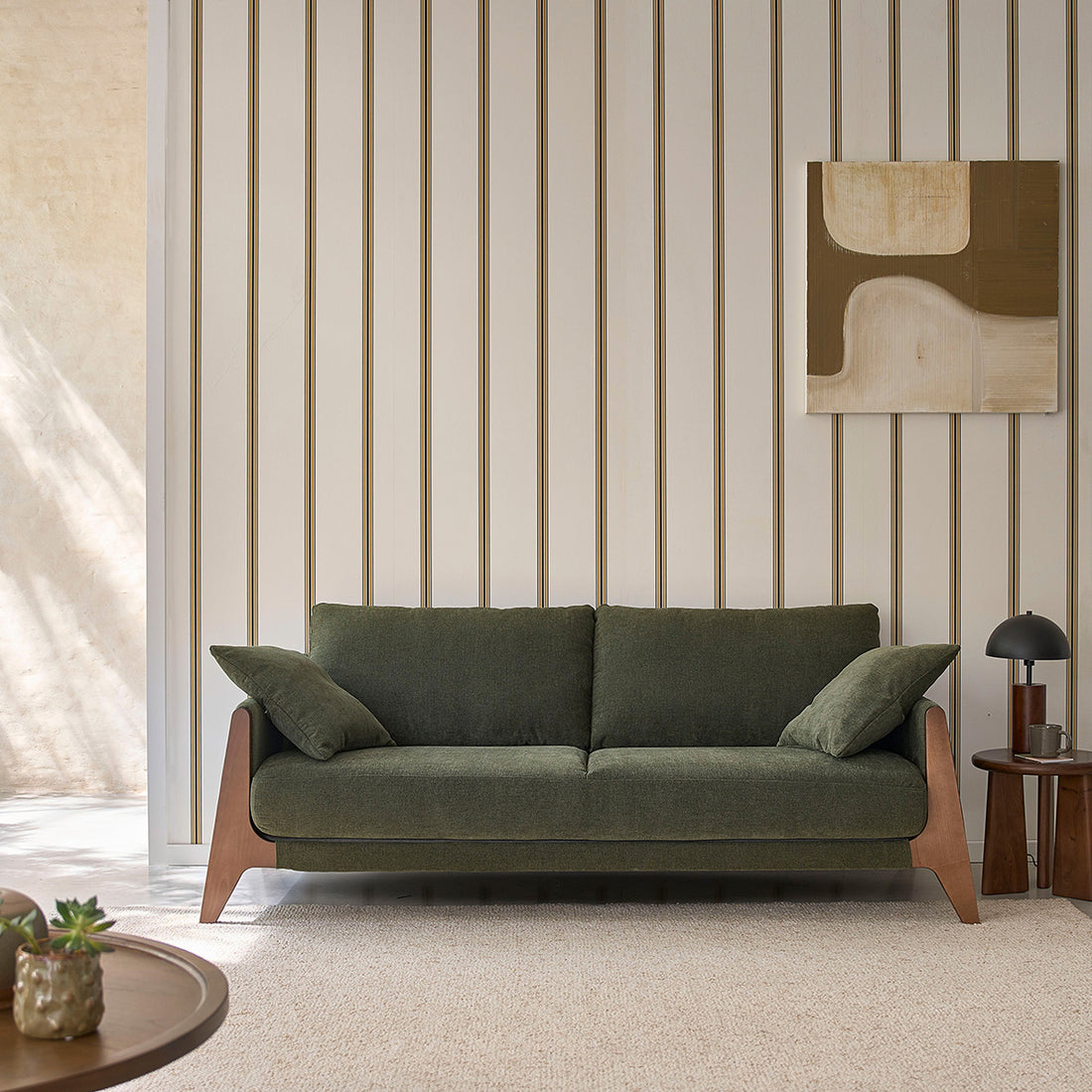 ONDINE - Divano dritto a 3 posti in legno massello e tessuto in velluto verde muschio