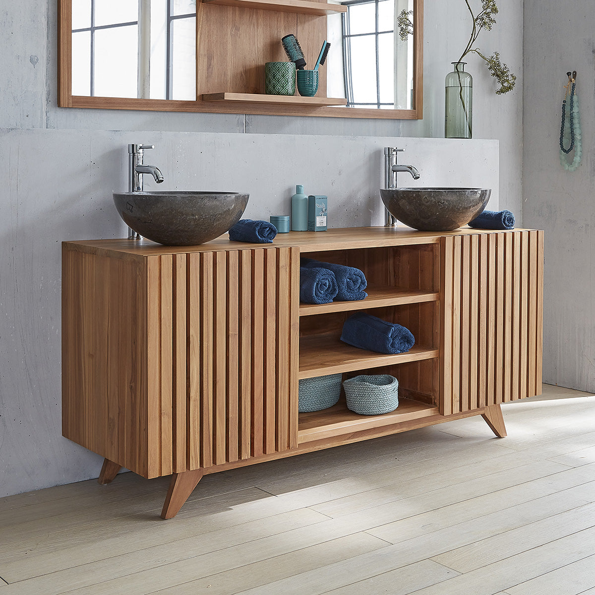 RIO - Waschtischunterschrank aus massivem Teakholz 160 cm mit Latten