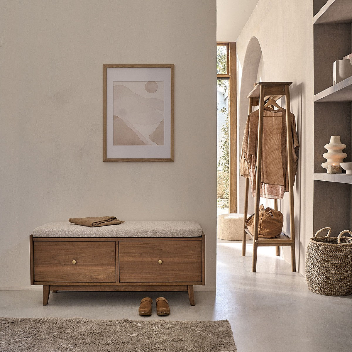 SERENE - Bank aus massivem Teakholz und Bouclé-Stoff 120 cm