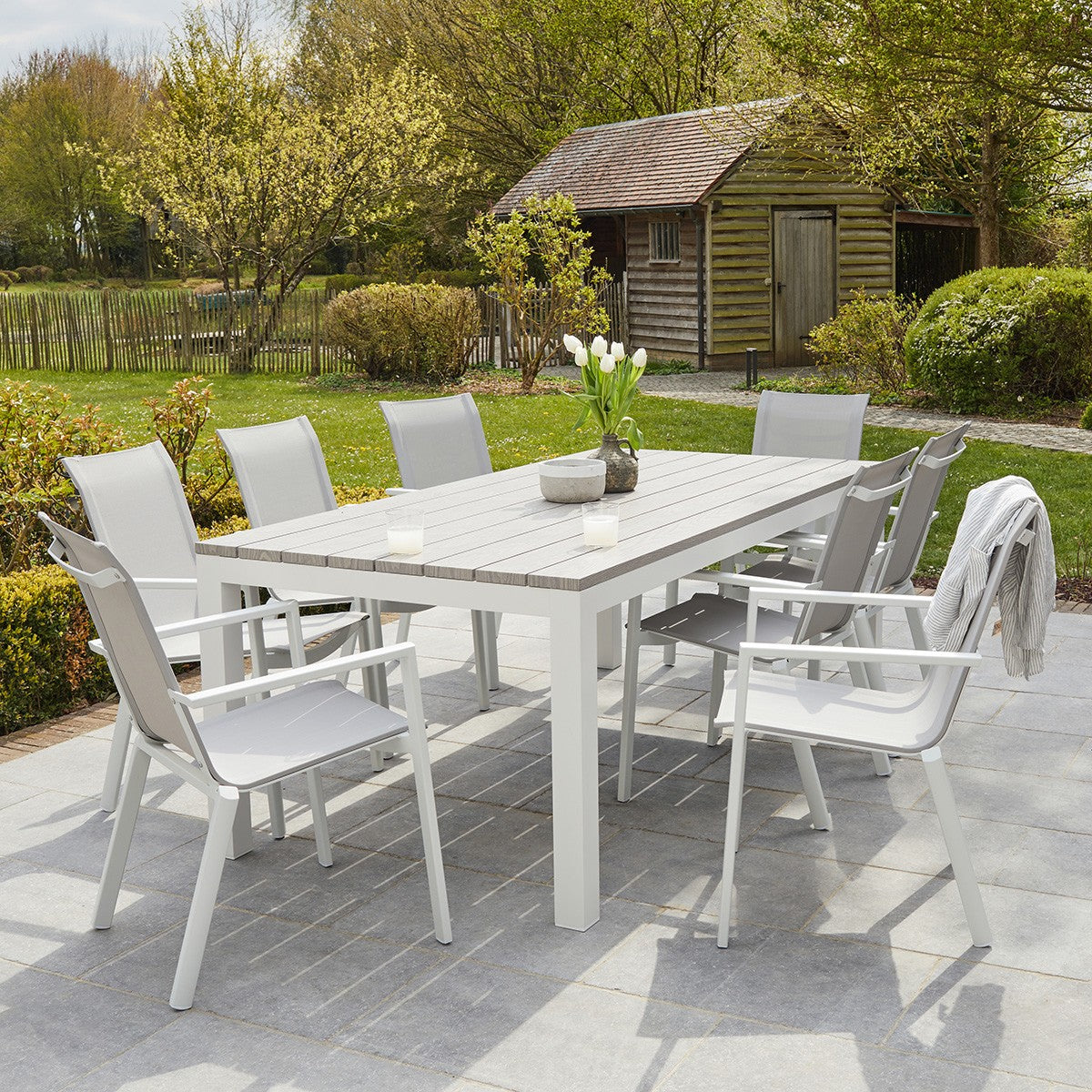 TAMPA - Table de jardin en aluminium blanc et gris 8 pers.