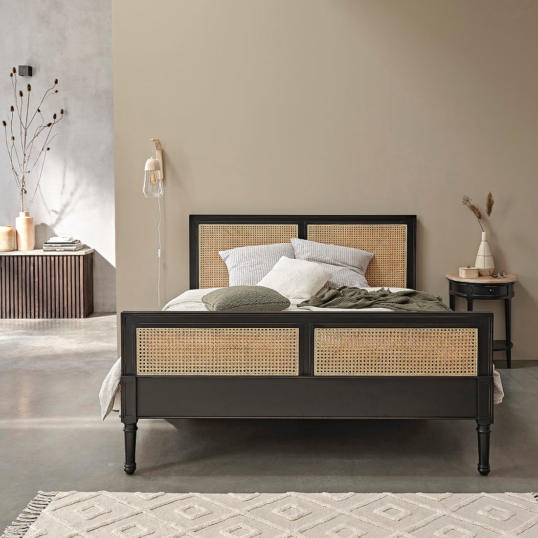 SOHO - Lit en cannage et bois d'acajou 160 cm avec sommier