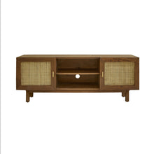 Meuble TV en manguier massif finition noyer et cannage 140 cm