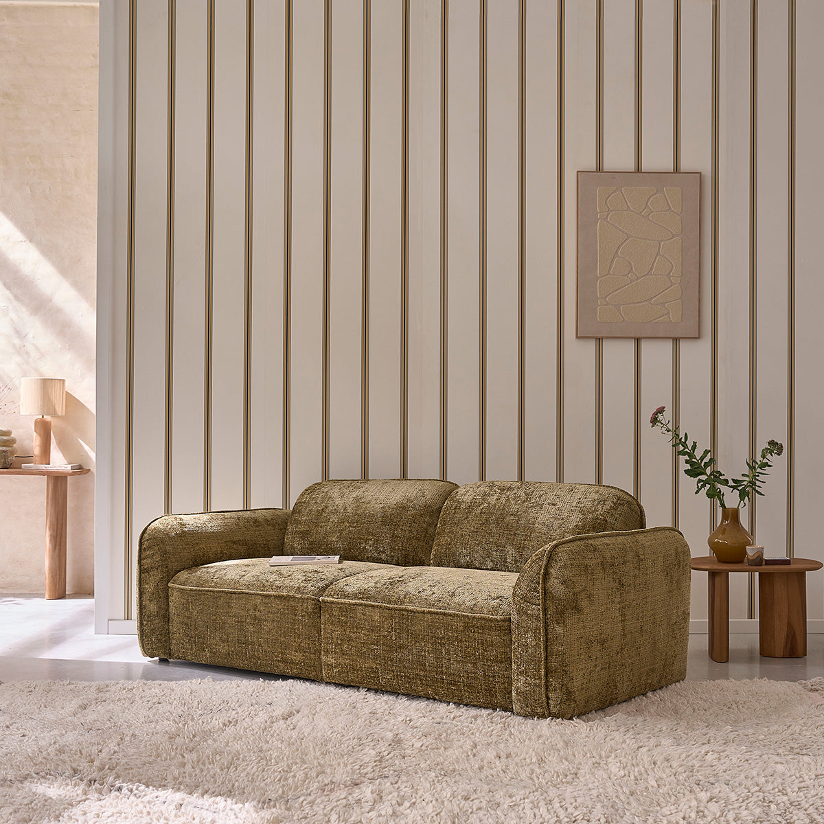 HECTOR - Canapé droit 3 places en velours tressé vert