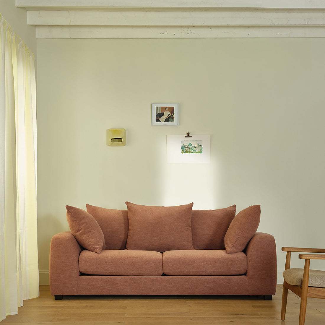 EDMOND - Canapé droit 3 places en tissu effet lin terracotta