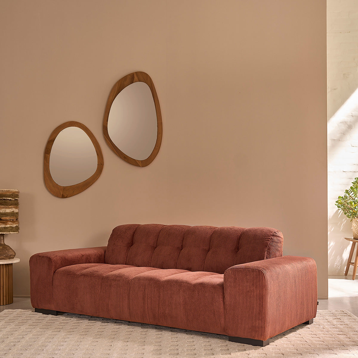 ALPHONSE - Canapé droit 3 places en velours côtelé terracotta