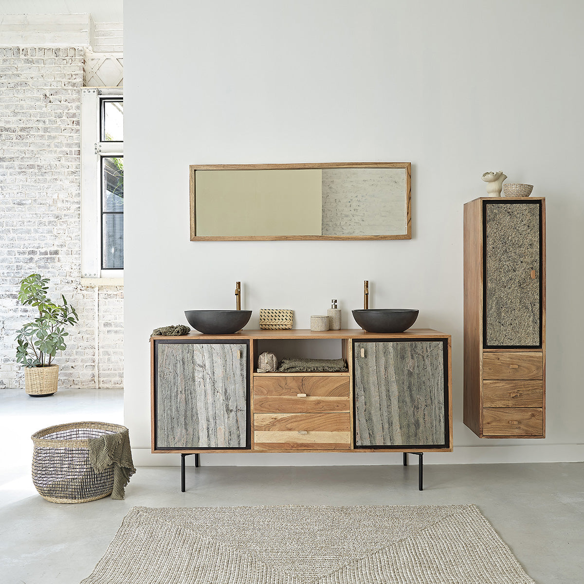 EDEN ROCK - Colonna bagno in acacia massello e pietra 130 cm