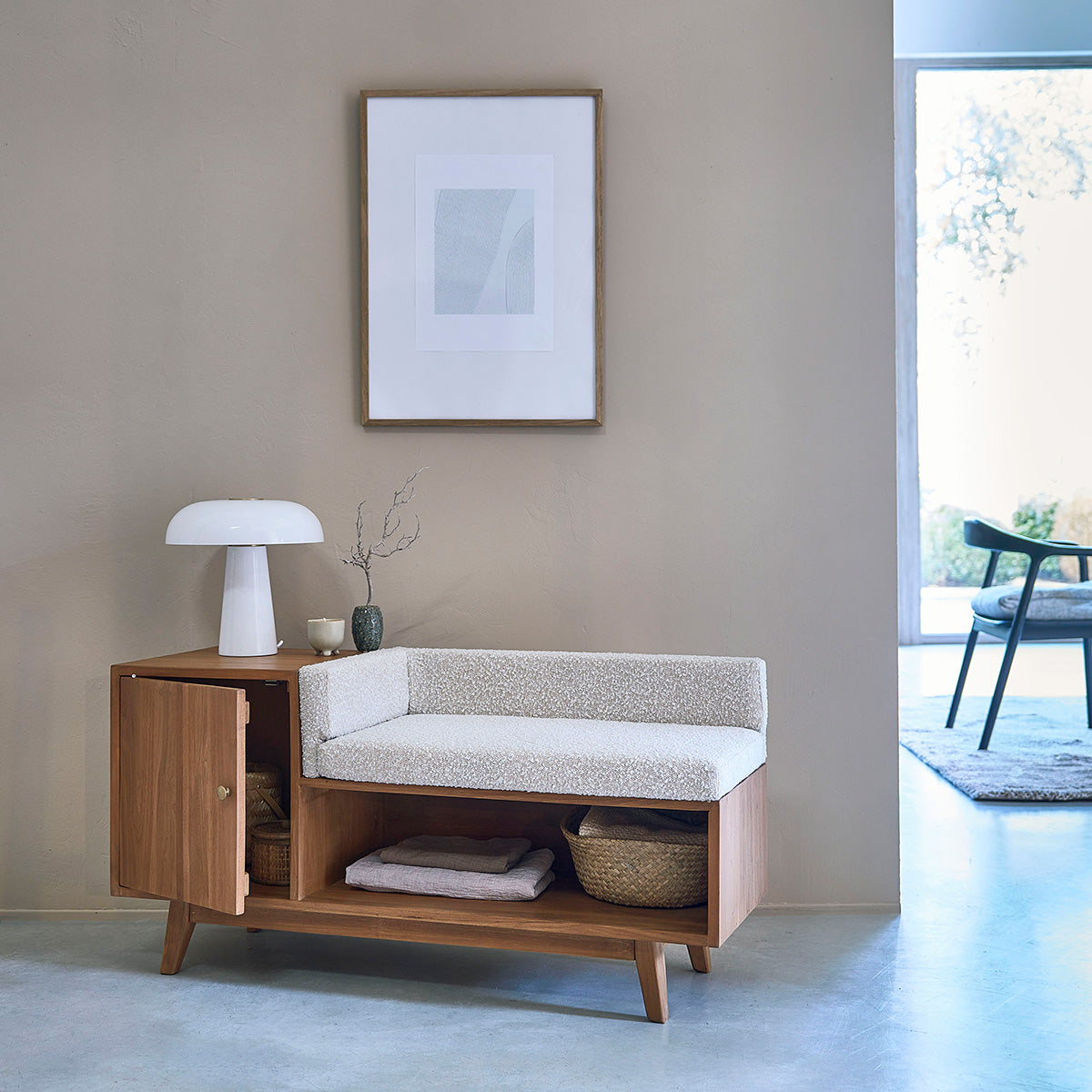 SERENE - Bank aus massivem Teakholz und Bouclé-Stoff 120 cm