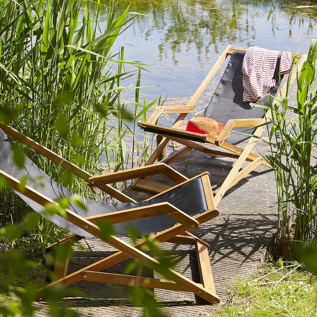 HANOÏ - Sedia a sdraio in acacia massello e textilene nero (set di 2)