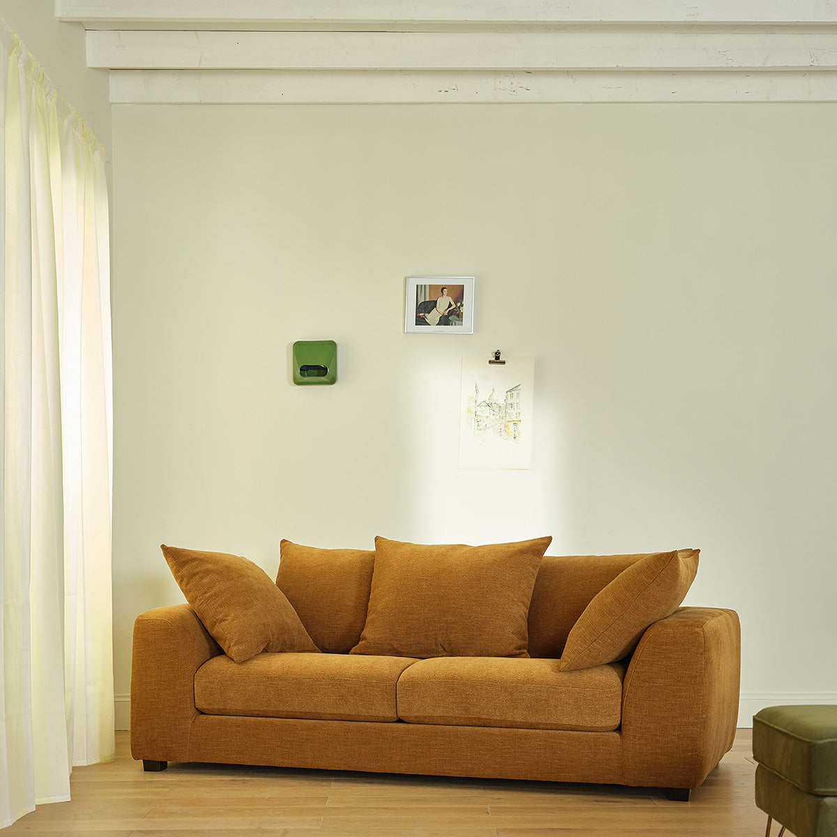 EDMOND - Divano lineare a 3 posti in tessuto effetto lino color bronzo