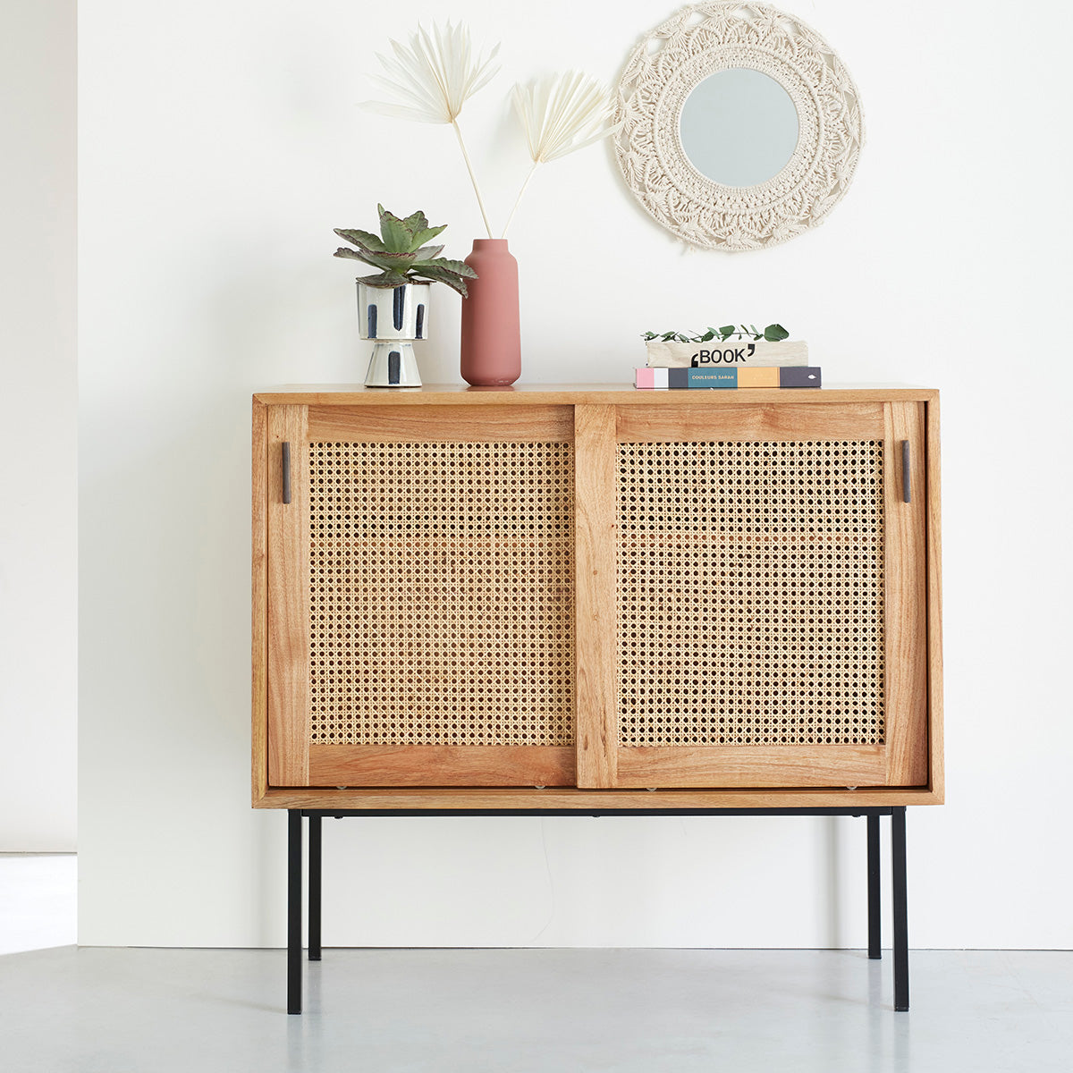 AUBIN - Commode en mindi massif et cannage 100 cm