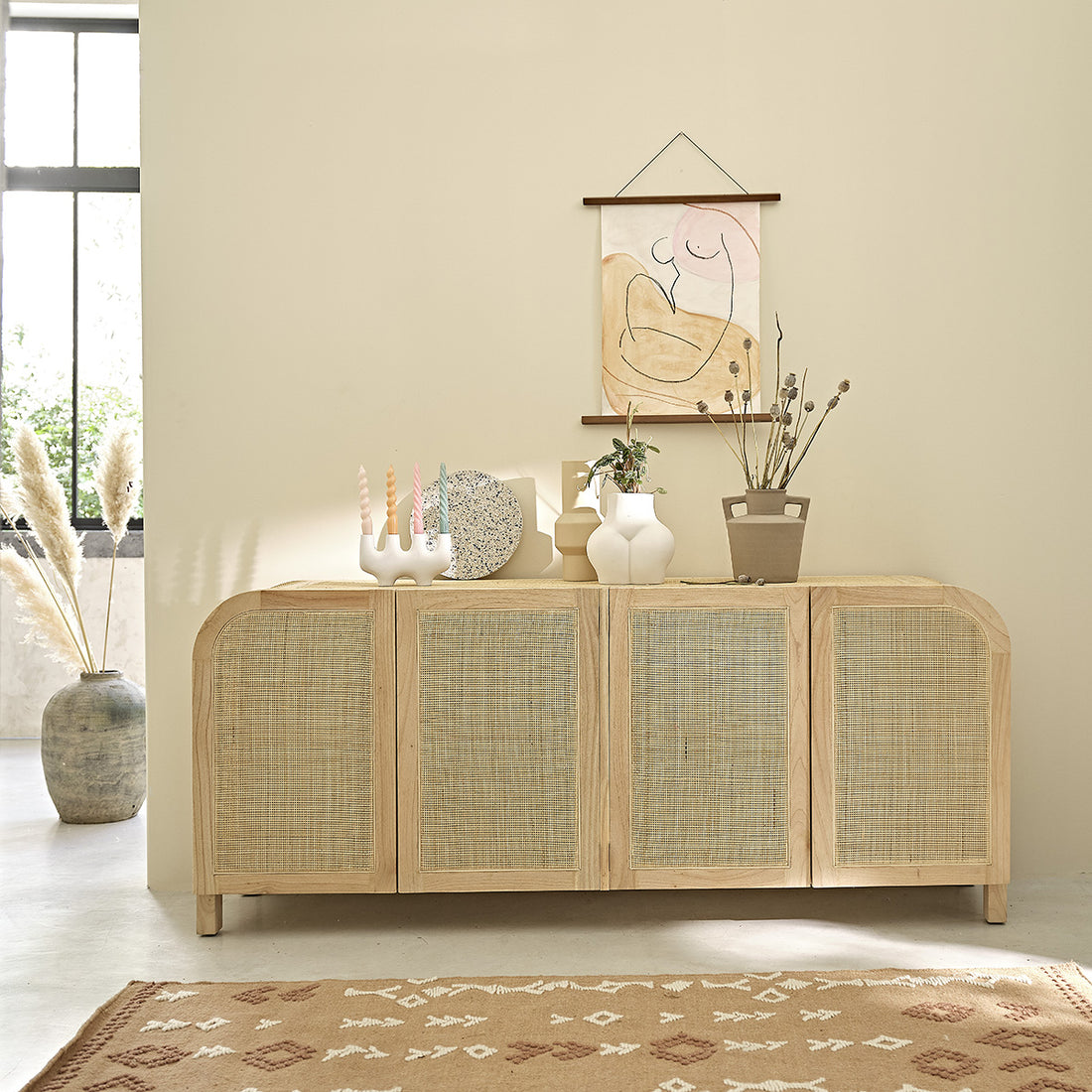 MAËL - Credenza in mindi massello e cannage 190 cm