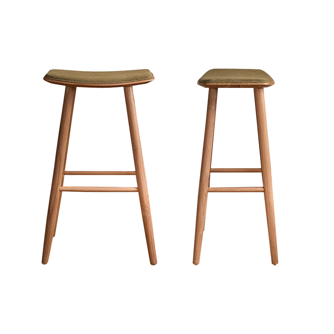 AMBRE - Set aus 2 Barhockern aus massivem Teakholz und Sitzfläche aus Cord 75 cm