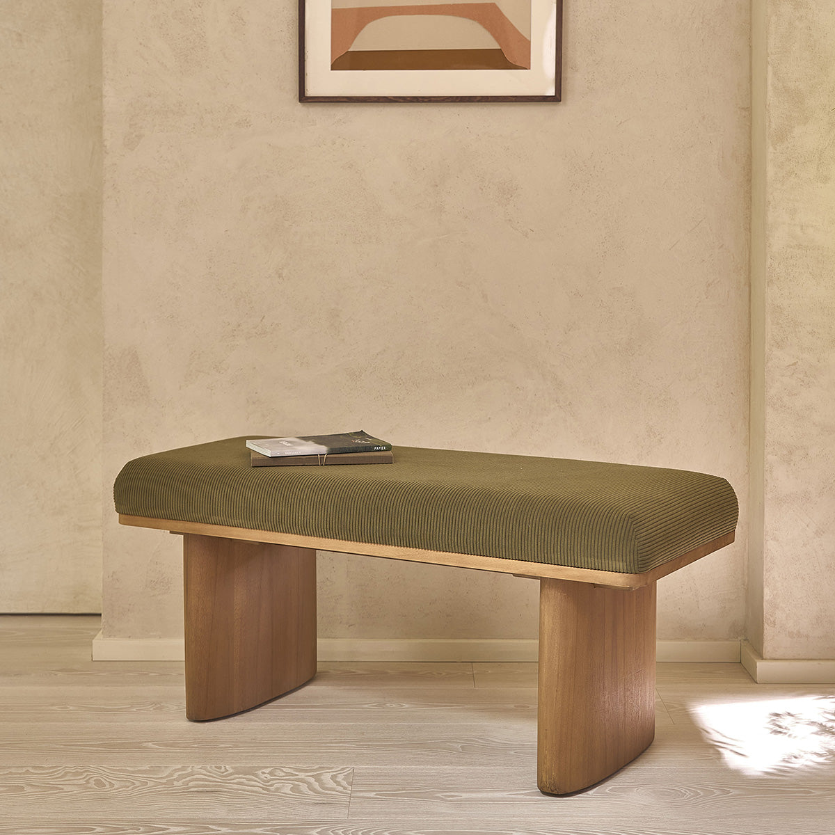 AMBRE - Banc en teck massif et tissu velours cotelé vert 100 cm