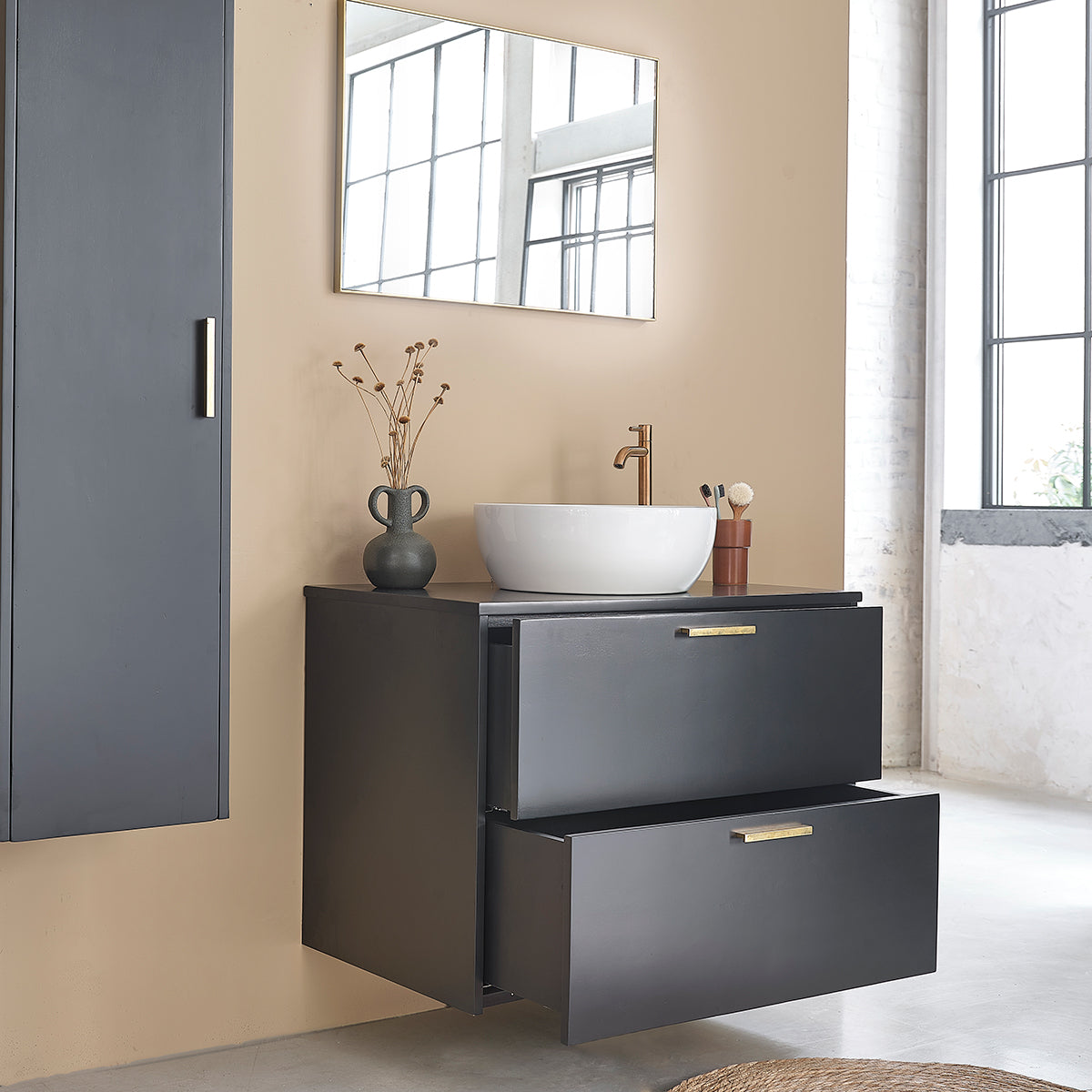 LUNA - Meuble sous vasque en acacia massif suspendu 80 cm noir