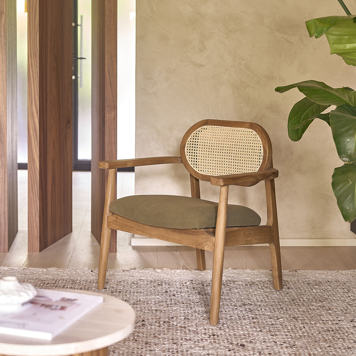 COLINE - Table d'appoint en teck massif et marbre ronde