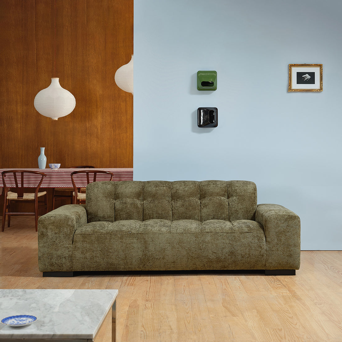 ALPHONSE - Gerades 3-Sitzer-Sofa aus khakifarbenem Geflechtvelours